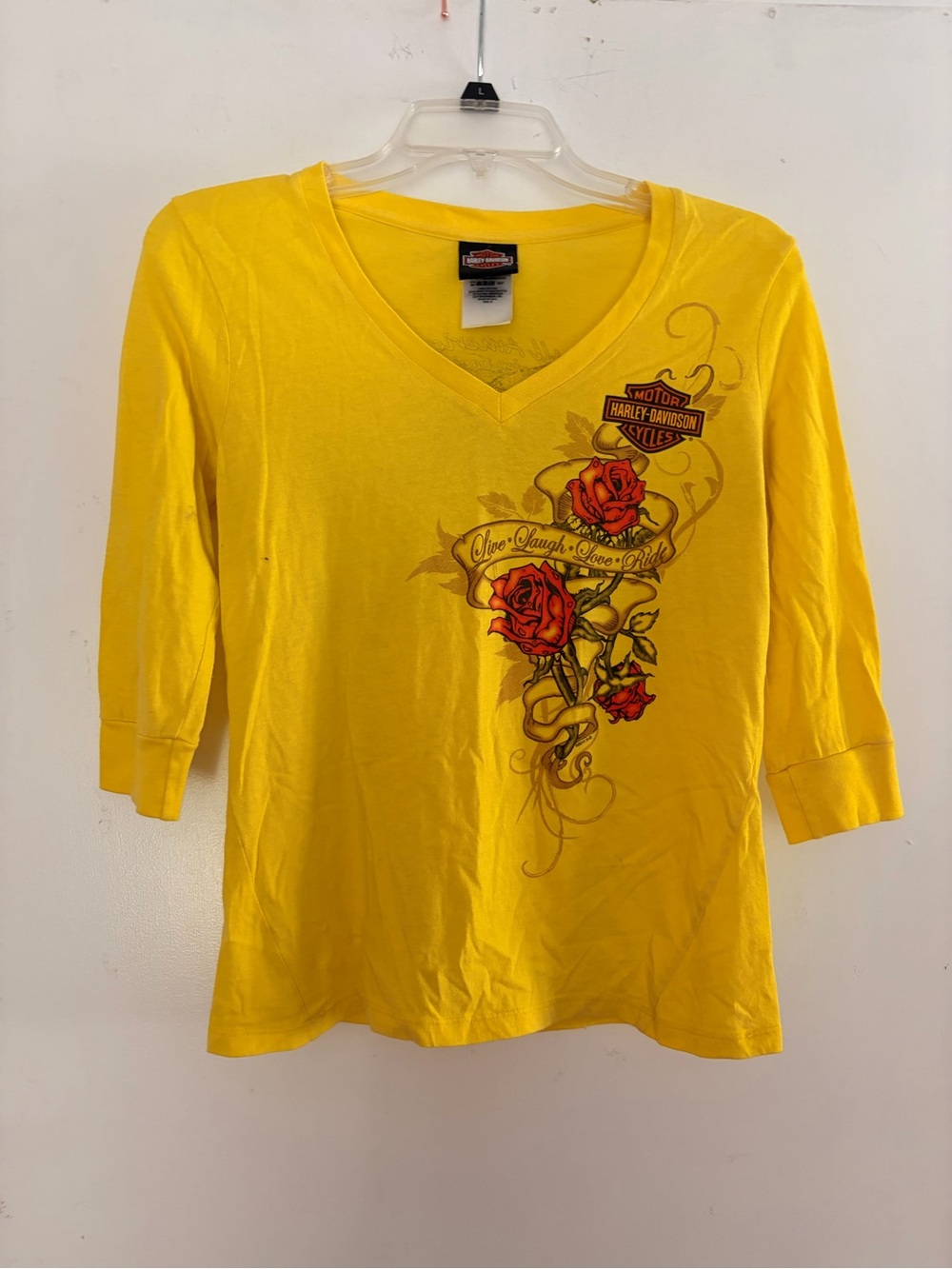 Harley-Davidson Yellow V-Neck Three-Quarter Sleeve Floral Graphic Tee